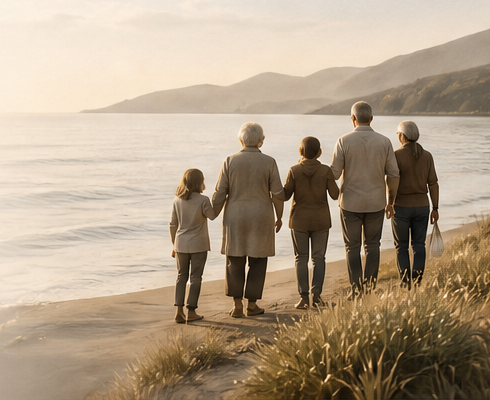 A family standing together on a beach